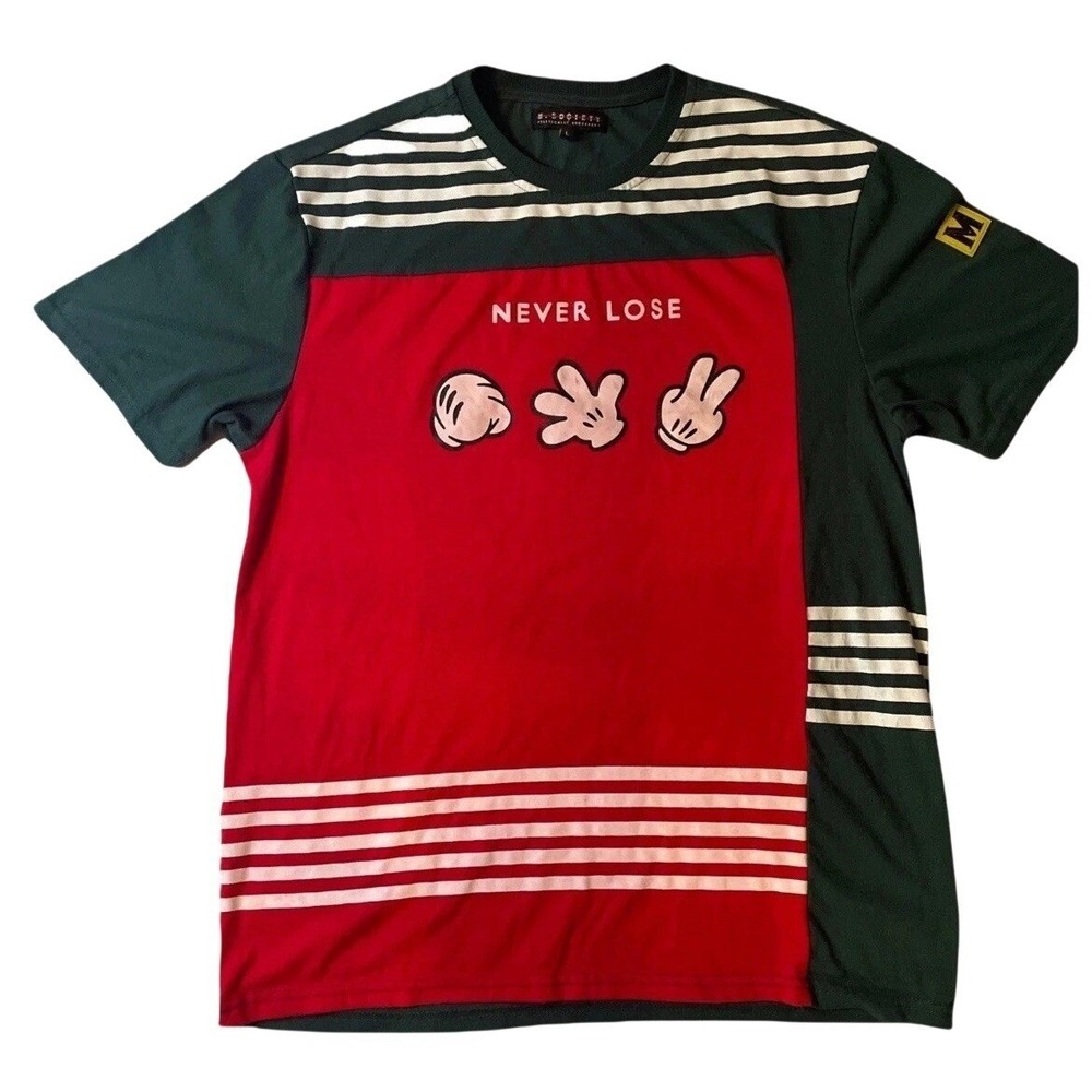 M. Society Graphic T-Shirt Mens Large Green Red Colorblock Never Lose Streetwear